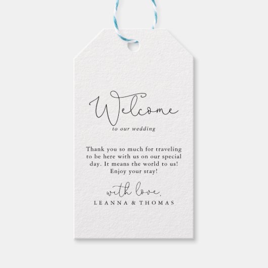 Elegante eenvoudige kalligrafie bruiloft welkom cadeaulabel (Voorkant)