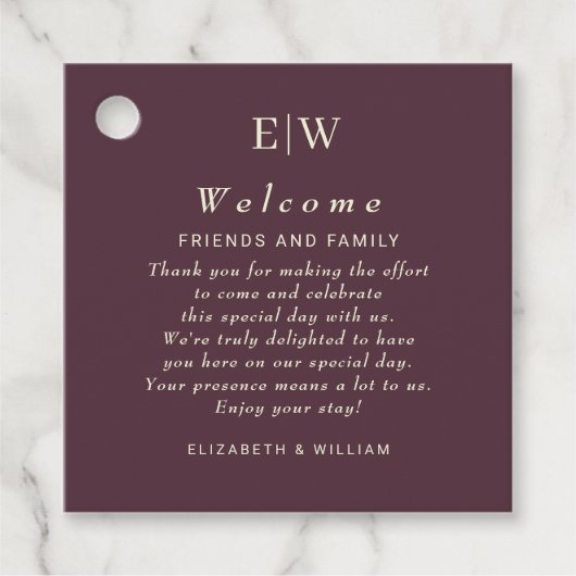 Elegante eenvoudige kersenlak, monogram bruiloft bedankjes labels (Voorkant)