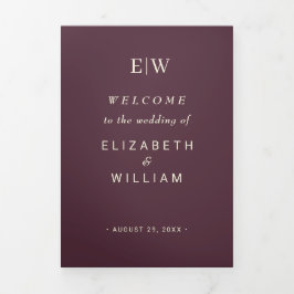 Elegante eenvoudige kersenlak, monogram bruiloft drieluik programma