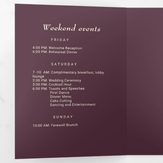 Elegante eenvoudige kersenlak, monogram bruiloft drieluik programma (Binnenzijde eerst)