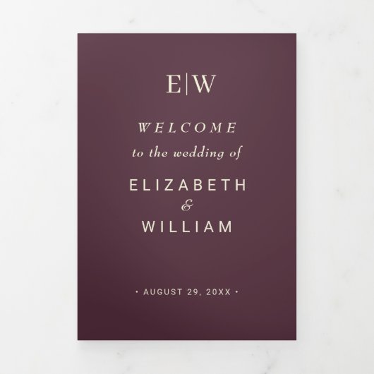 Elegante eenvoudige kersenlak, monogram bruiloft drieluik programma (Cover)