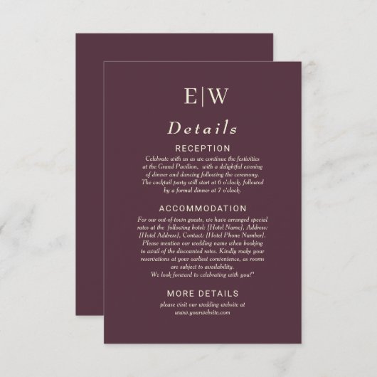 Elegante eenvoudige kersenlak, monogram bruiloft informatiekaartje (Voorkant / Achterkant)