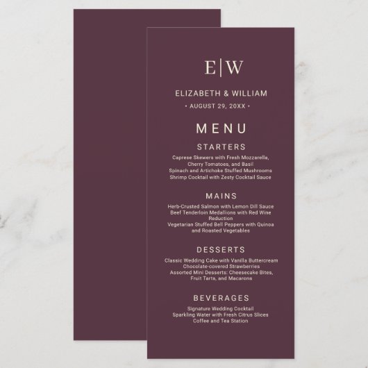 Elegante eenvoudige kersenlak, monogram bruiloft menu (Voorkant / Achterkant)
