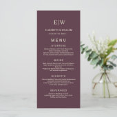 Elegante eenvoudige kersenlak, monogram bruiloft menu (Staand voorkant)