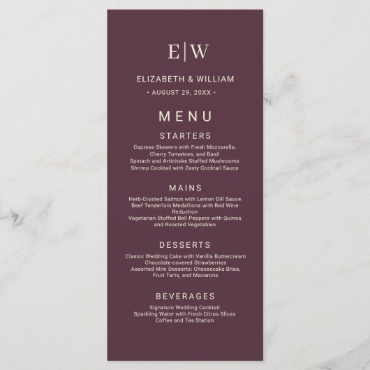 Elegante eenvoudige kersenlak, monogram bruiloft menu (Voorkant)