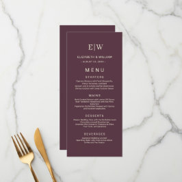 Elegante eenvoudige kersenlak, monogram bruiloft menu