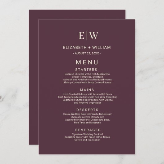Elegante eenvoudige kersenlak, monogram bruiloft menu (Voorkant / Achterkant)