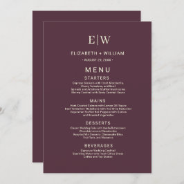 Elegante eenvoudige kersenlak, monogram bruiloft menu