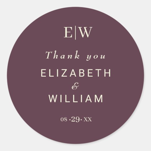 Elegante eenvoudige kersenlak, monogram bruiloft ronde sticker (Voorkant)