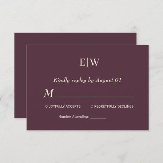 Elegante eenvoudige kersenlak, monogram bruiloft RSVP kaartje (Voorkant / Achterkant)