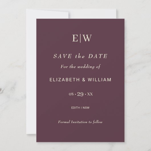 Elegante eenvoudige kersenlak, monogram bruiloft save the date (Voorkant)