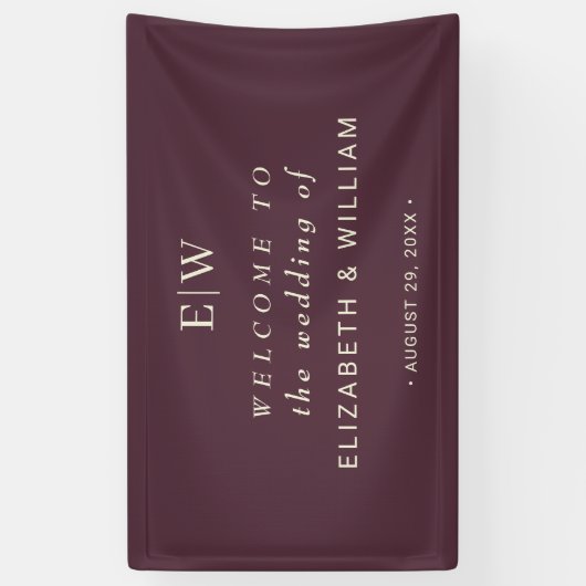 Elegante eenvoudige kersenlak, monogram bruiloft spandoek (Verticaal)