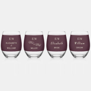 Elegante eenvoudige kersenlak, monogram bruiloft wijnglas zonder voet