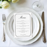 Elegante Eenvoudige Klassieke Minimalistische Zwar Menu<br><div class="desc">Voeg een vleugje tijdloze elegantie toe aan uw huwelijksreceptie met deze minimalistische moderne zwart-witte menukaart, ontworpen om perfect te coördineren met de rest van uw elegante trouwbriefpapier. Dit 5x7 inch-menu is schoon en verfijnd en heeft een heldere witte achtergrond, een dun zwart lijst aan de rand en een prachtige mix...</div>