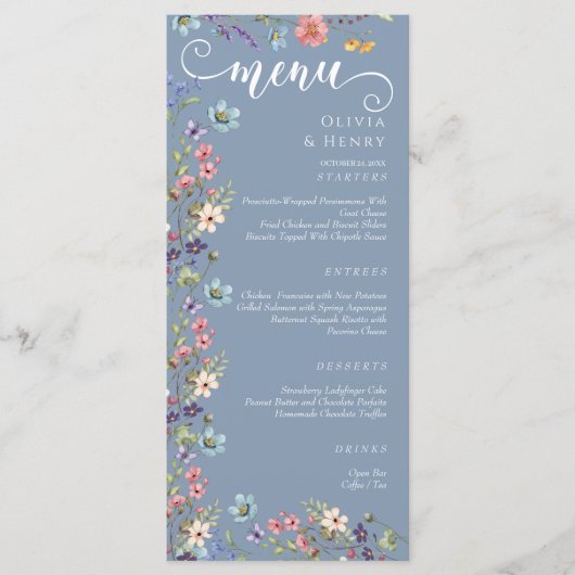 Elegante eenvoudige lente blauwe wilde bloemen bru menu (Voorkant)