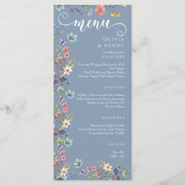 Elegante eenvoudige lente blauwe wilde bloemen bru menu