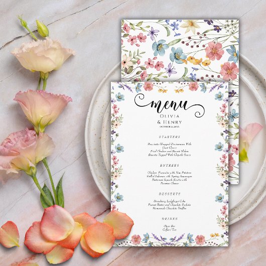 Elegante eenvoudige lente Wildbloemen bruiloft Menu