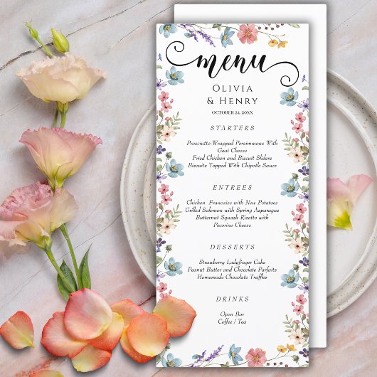 Elegante eenvoudige lente Wildbloemen bruiloft Menu