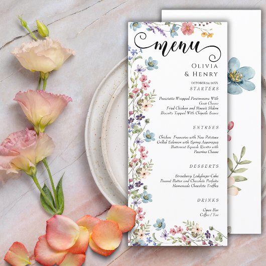 Elegante eenvoudige lente Wildbloemen bruiloft Menu