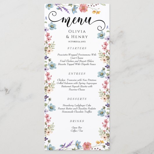 Elegante eenvoudige lente Wildbloemen bruiloft Menu (Voorkant)