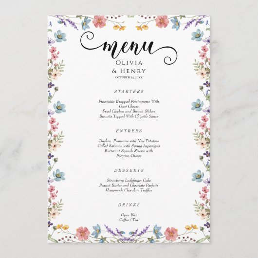 Elegante eenvoudige lente Wildbloemen bruiloft Menu (Voorkant)