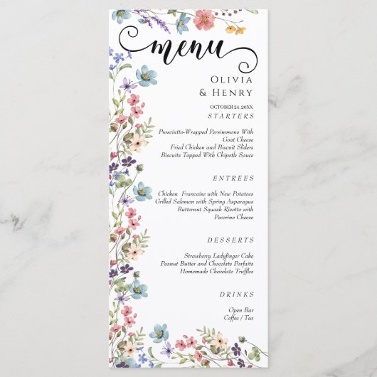 Elegante eenvoudige lente Wildbloemen bruiloft Menu (Voorkant)