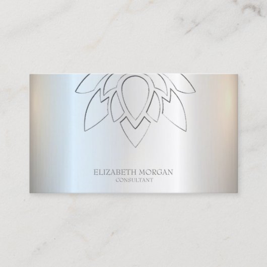 Elegante Eenvoudige Lotus Zilver Metaalglans Visitekaartje (Voorkant)