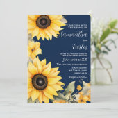 Elegante, eenvoudige marine, zonnebloem bruiloft u kaart (Staand voorkant)