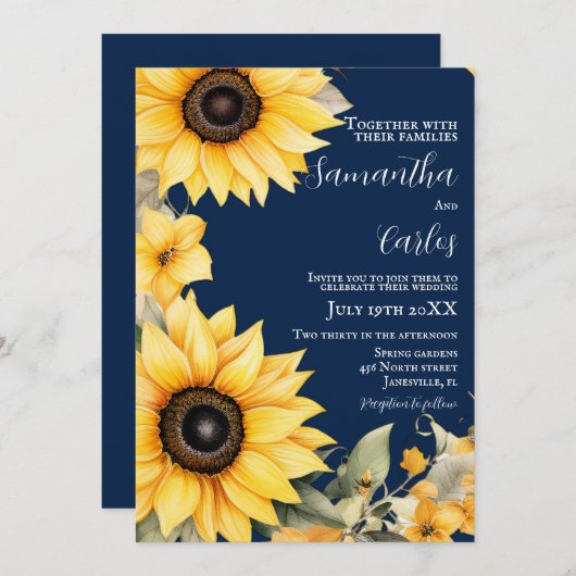 Elegante, eenvoudige marine, zonnebloem bruiloft u kaart