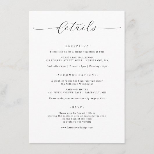 Elegante eenvoudige minimalistische bruiloft detai informatiekaartje (Voorkant)