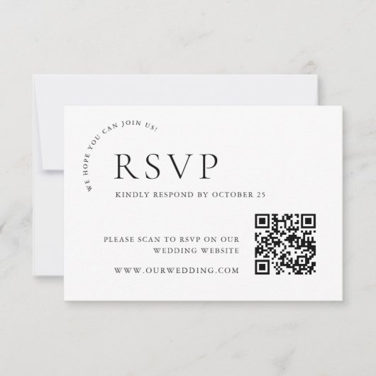 Elegante eenvoudige minimalistische kalligrafie QR RSVP Kaartje (Voorkant)