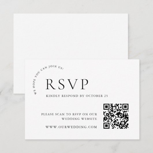 Elegante eenvoudige minimalistische kalligrafie QR RSVP Kaartje (Voorkant / Achterkant)