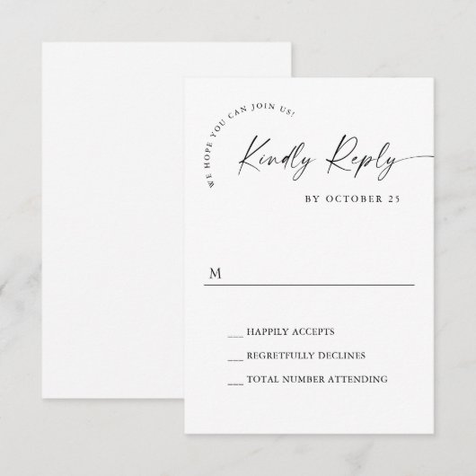 Elegante eenvoudige minimalistische kalligrafie zw RSVP kaartje (Voorkant / Achterkant)