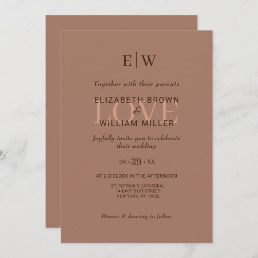 Elegante Eenvoudige Mocha Mousse met Monogram Brui Kaart (Voorkant / Achterkant)