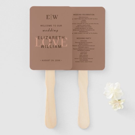 Elegante Eenvoudige Mocha Mousse met Monogram Huwe Handwaaier (Voorkant en achterkant)