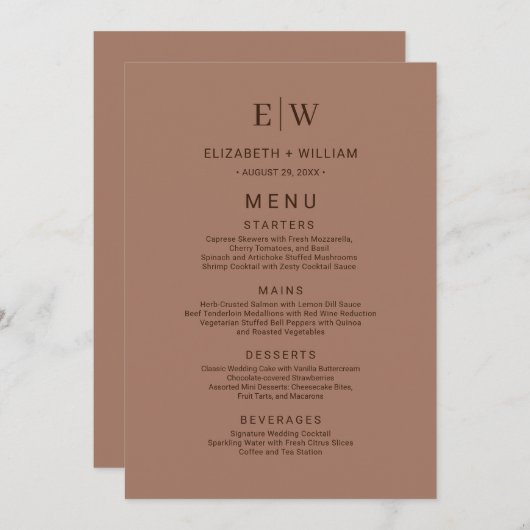 Elegante Eenvoudige Mocha Mousse met Monogram Huwe Menu (Voorkant / Achterkant)