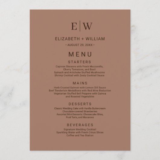 Elegante Eenvoudige Mocha Mousse met Monogram Huwe Menu (Voorkant)