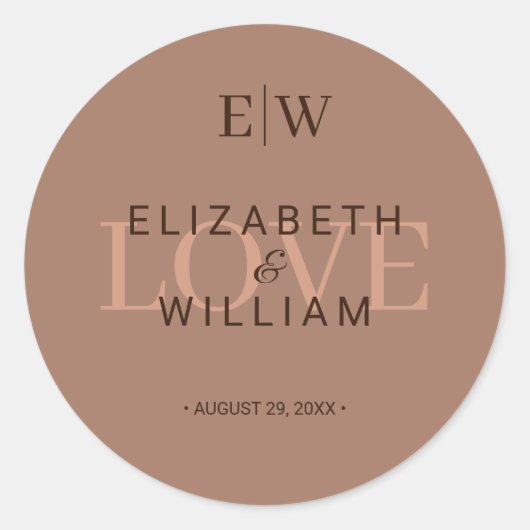 Elegante Eenvoudige Mocha Mousse met Monogram Huwe Ronde Sticker (Voorkant)