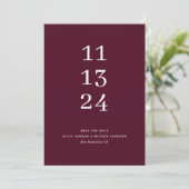Elegante eenvoudige moderne bordeauxrode minimalis save the date (Staand voorkant)