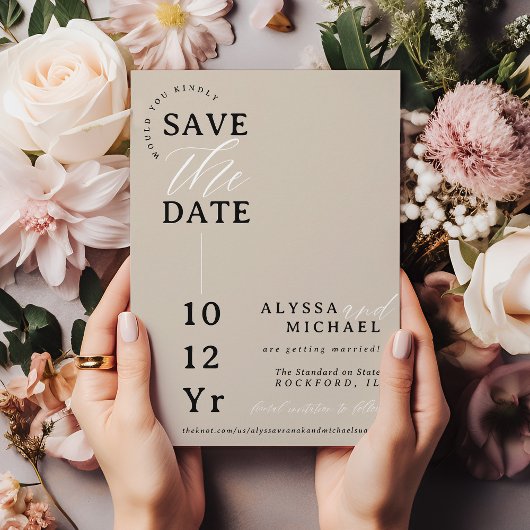 Elegante eenvoudige moderne champagne tan foto bru save the date