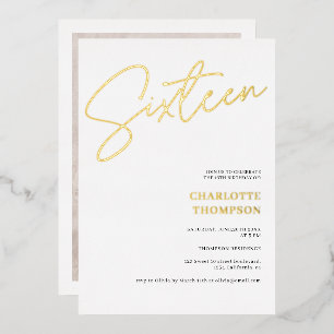 Elegante eenvoudige moderne witte foto Sweet 16 go Folie Uitnodiging