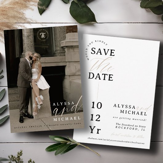 Elegante Eenvoudige Moderne Witte Script Foto Huwe Save The Date