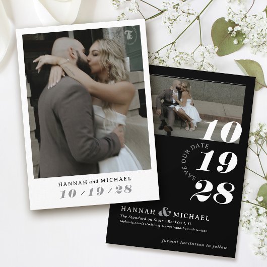 Elegante eenvoudige moderne zwart wit 2 foto bruil save the date