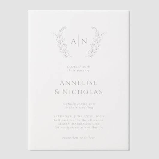 Elegante eenvoudige monogram overlay bruiloft vellum uitnodigingen (Voorkant)