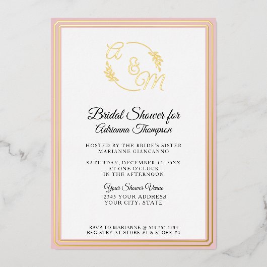 Elegante Eenvoudige Monogram Roze Gouden Bruidsdou Folie Uitnodiging (Voorkant)
