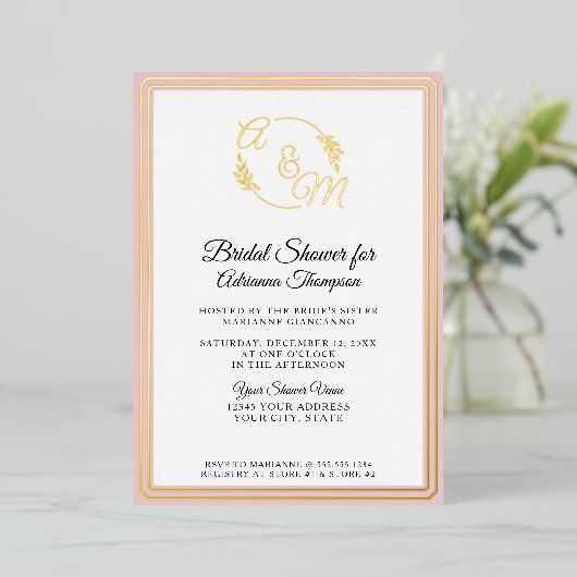 Elegante Eenvoudige Monogram Roze Gouden Bruidsdou Folie Uitnodiging (Staand Voorkant)
