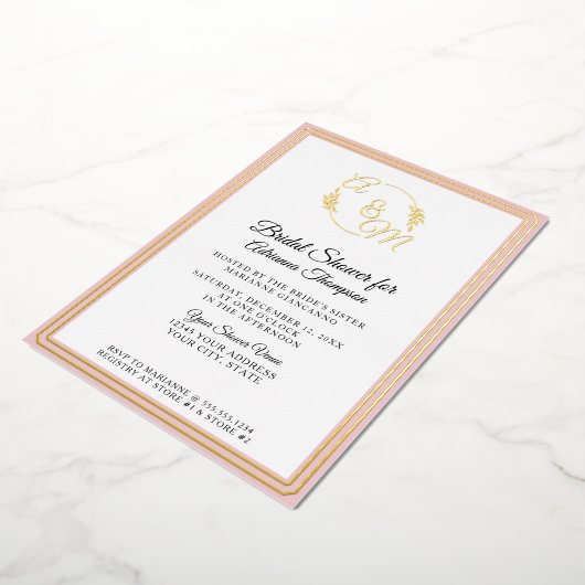 Elegante Eenvoudige Monogram Roze Gouden Bruidsdou Folie Uitnodiging (Gedraaid)
