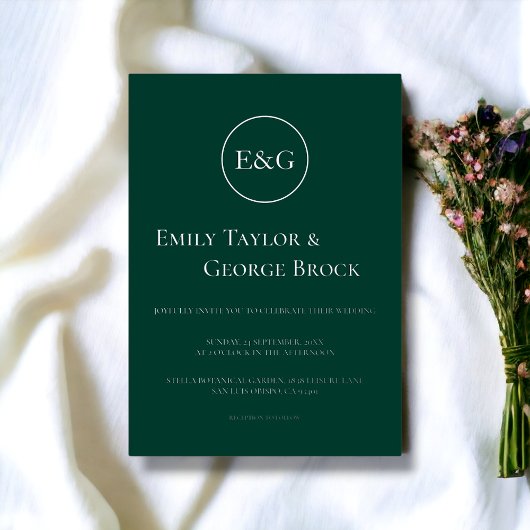 Elegante Eenvoudige Monogram Smaragd Trouw Zilver Folie Uitnodiging