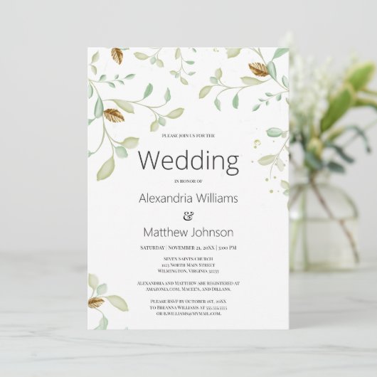 Elegante eenvoudige munt groen goud gebladerte bru kaart (Staand voorkant)