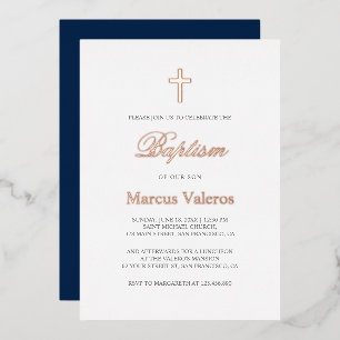 Elegante Eenvoudige Navy Blauwe ROSE GOLD Kruis Do Folie Uitnodiging